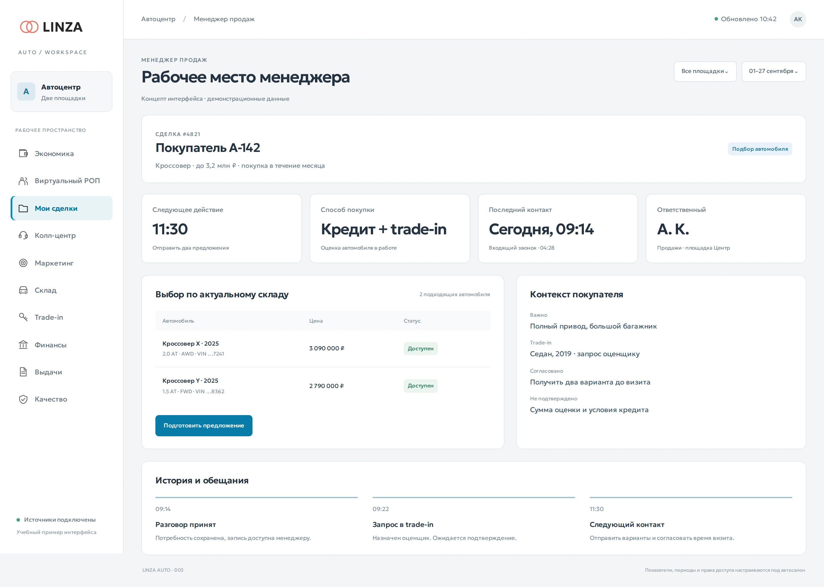 Рабочее место менеджера — пример рабочего интерфейса